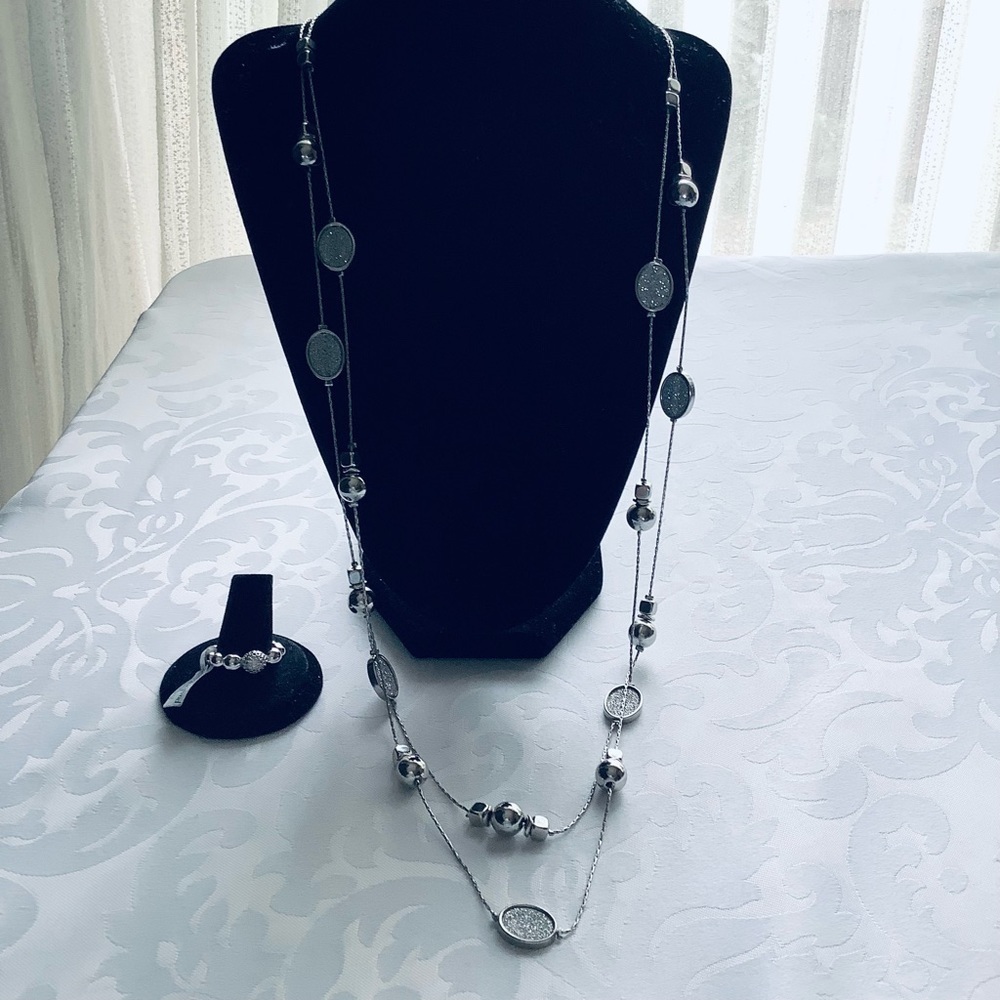 Illusion Double layered Silver 38” sparkling silver druzy Necklace - Picture 6 of 7